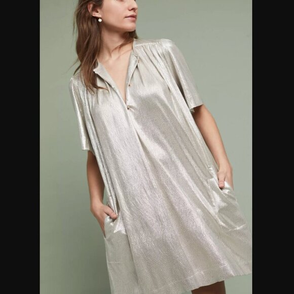 Anthropologie Sabina Musayev Mercury Metallic Gold Silver Shirt Dress S - Picture 5 of 11